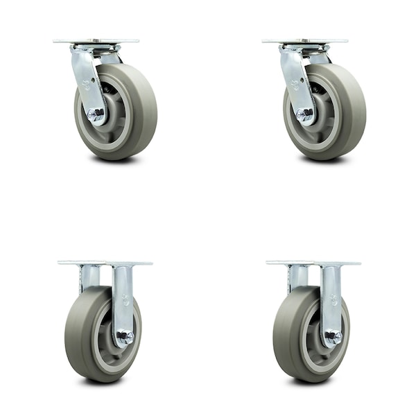 6 Inch Thermoplastic Rubber Caster Set with Roller Bearings 2 Swivel 2 Rigid SCC
